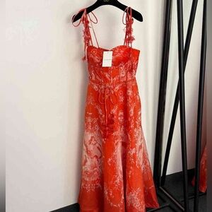 Zimmermann Red Floral Tie Strap Midi Dress Corset Bodice Silk Blend NWT